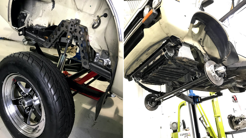 Modified front end installed (left) and a detail shot of the magnificent leaf springs as they were being installed (right).